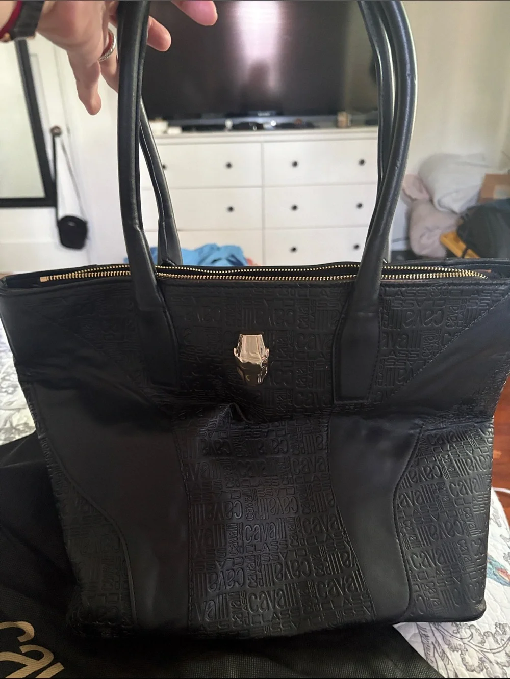 Roberto Cavalli Black Women's Tote Bag with Embossed Logo and Gold Hardware